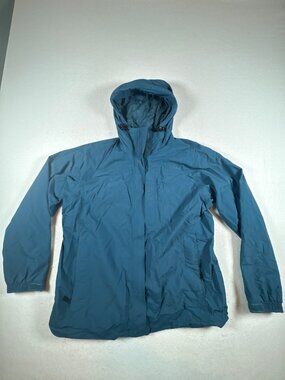 Cabelas Rain Jacket Women Large Teal Blue Mesh Lined Hooded Windbreaker Full Zip